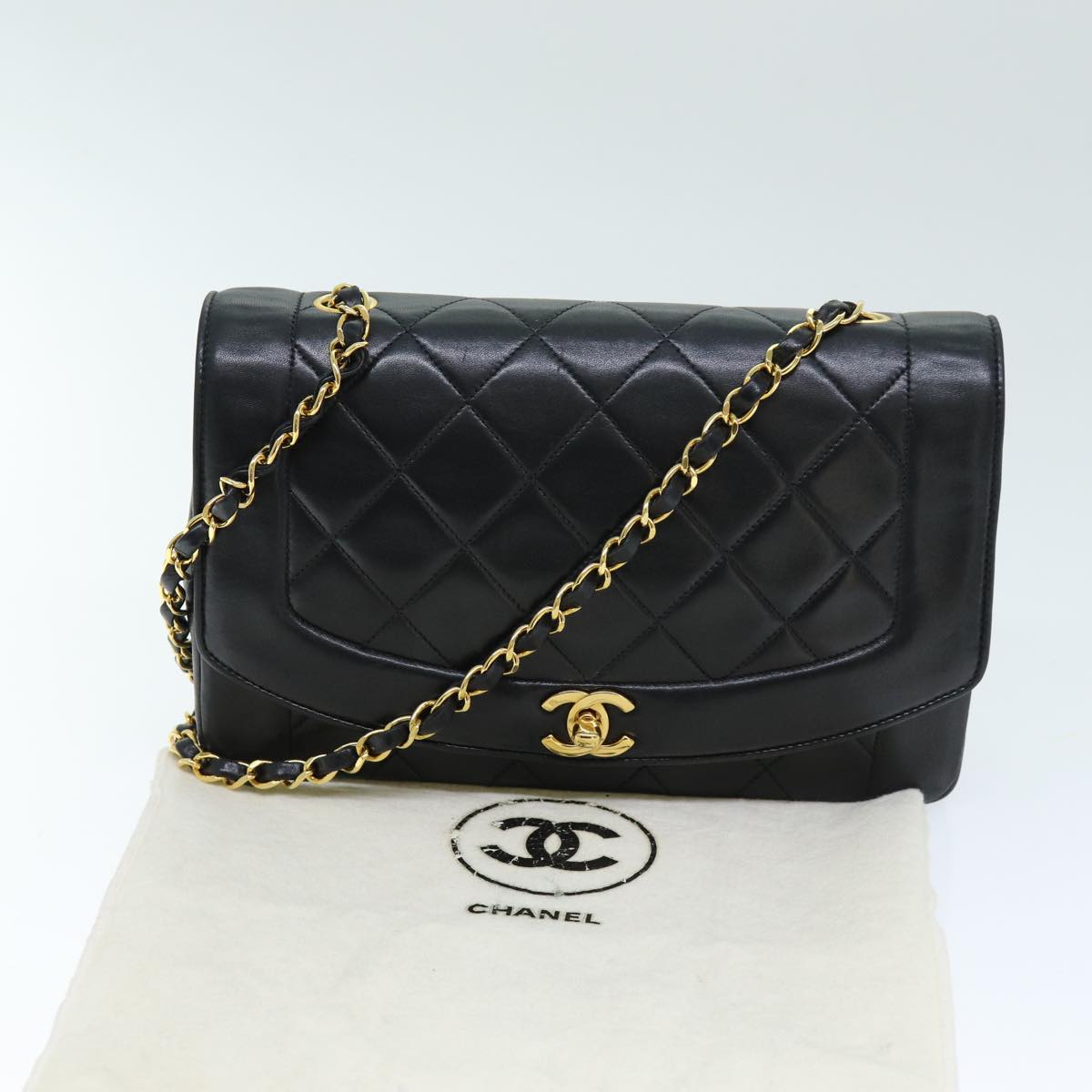 CHANEL Diana Matelasse Chain Shoulder Bag Lamb Skin Black CC Auth yk12263A