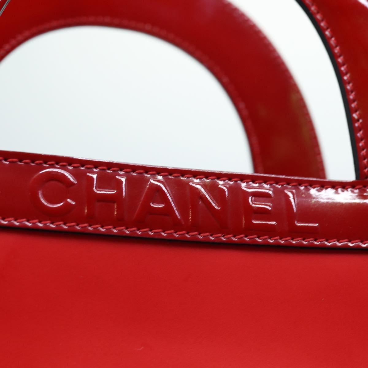 CHANEL Mademoiselle Hand Bag Enamel Leather White Red CC Auth yk12409A