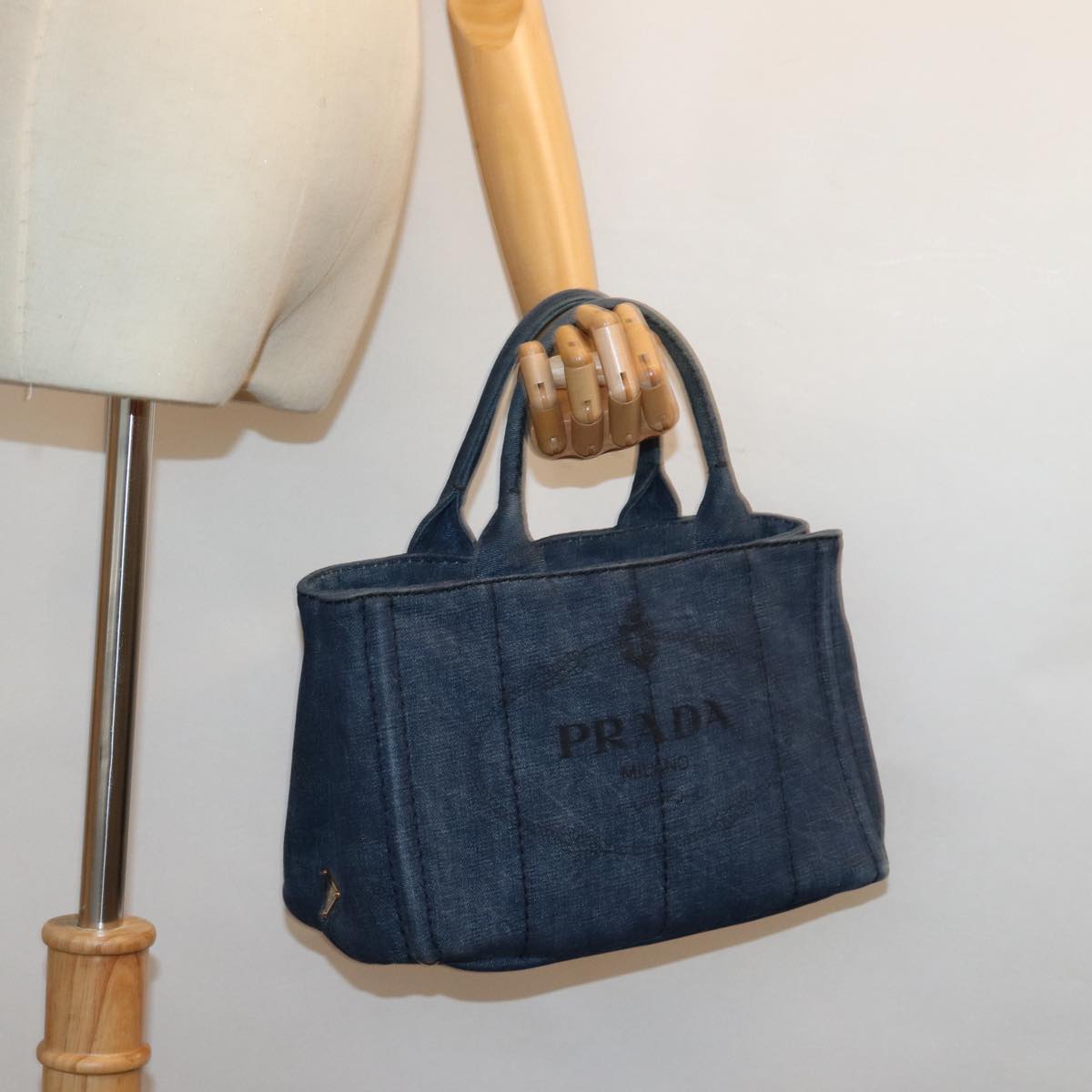 PRADA Canapa PM Hand Bag Denim Blue Auth yk12433