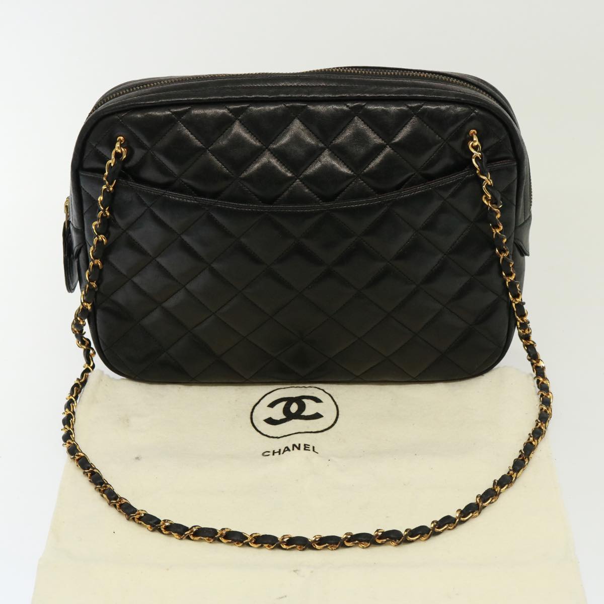 CHANEL Matelasse Chain Shoulder Bag Lamb Skin Black CC Auth yk12436