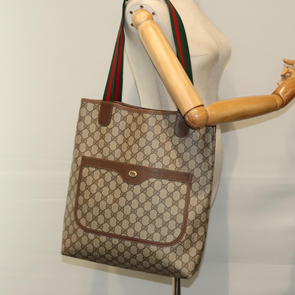 GUCCI GG Supreme Web Sherry Line Tote Bag PVC Beige Red 40 02 003 Auth yk12437