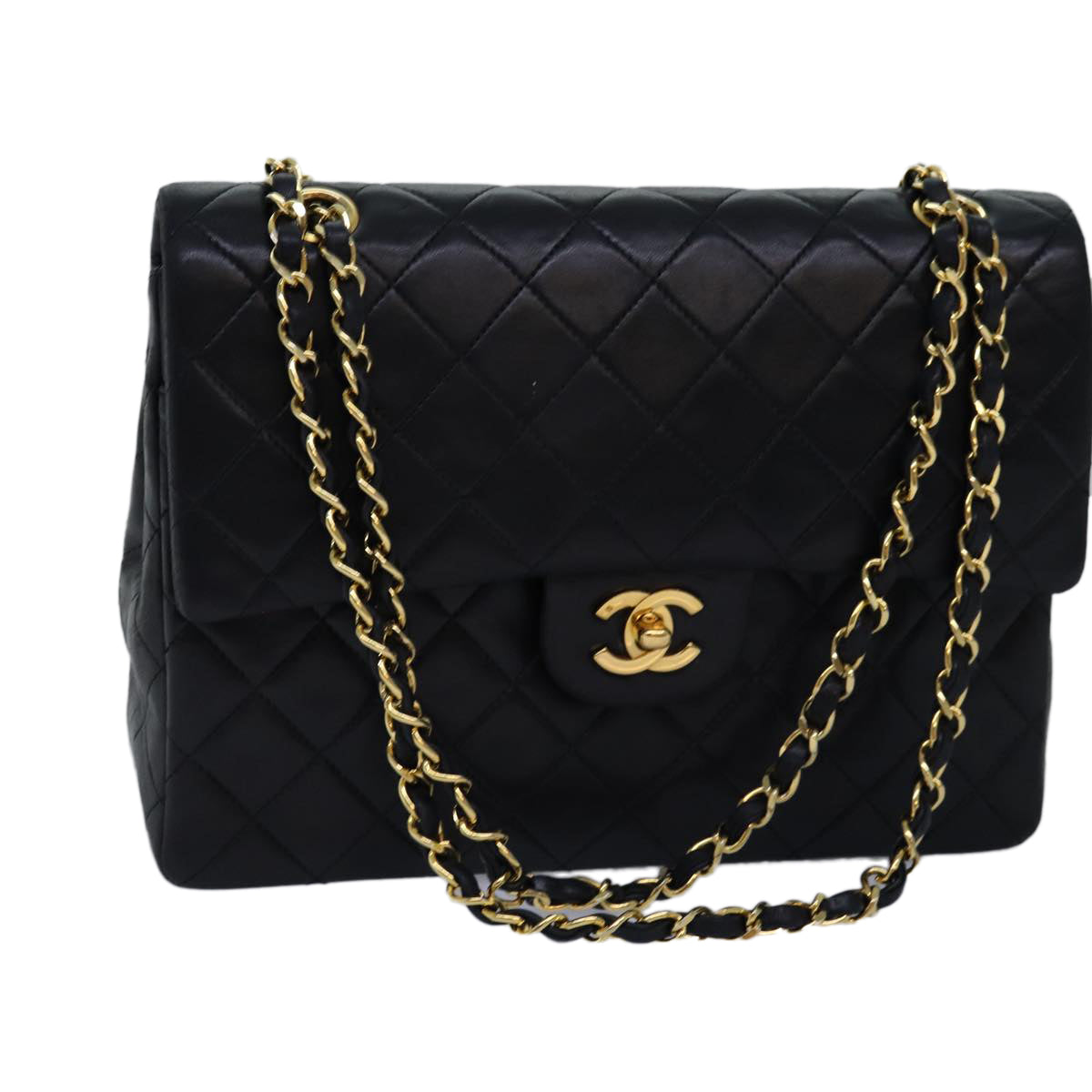 CHANEL Matelasse Turn Lock Chain Shoulder Bag Lamb Skin Black CC Auth yk12470A