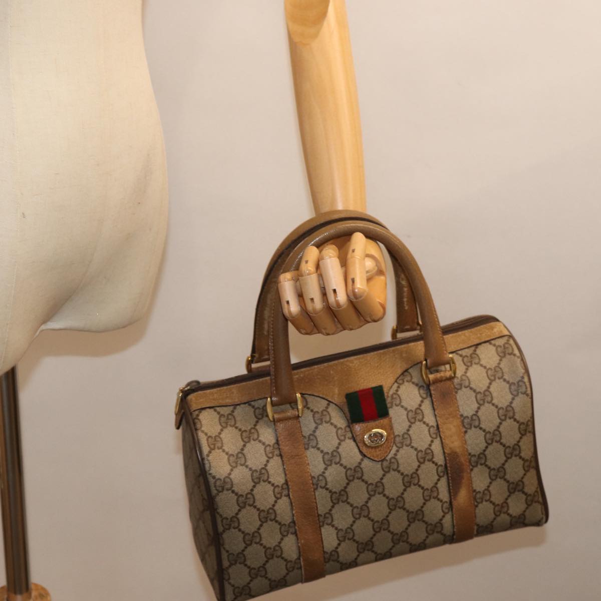 GUCCI GG Supreme Web Sherry Line Boston Bag Beige Red 116 02 006 Auth yk12480