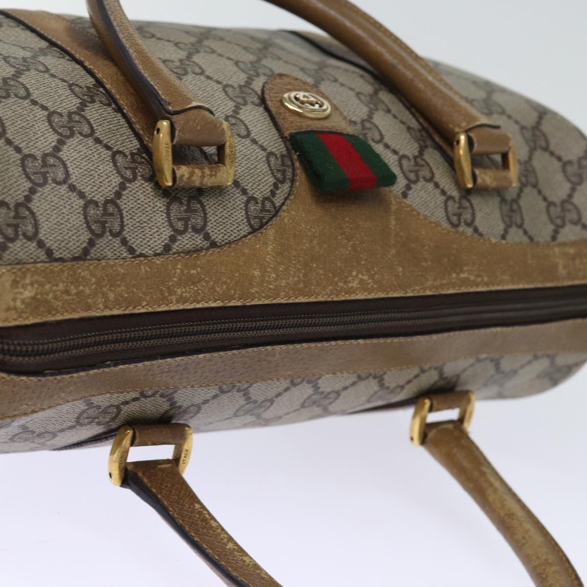 GUCCI GG Supreme Web Sherry Line Boston Bag Beige Red 116 02 006 Auth yk12480