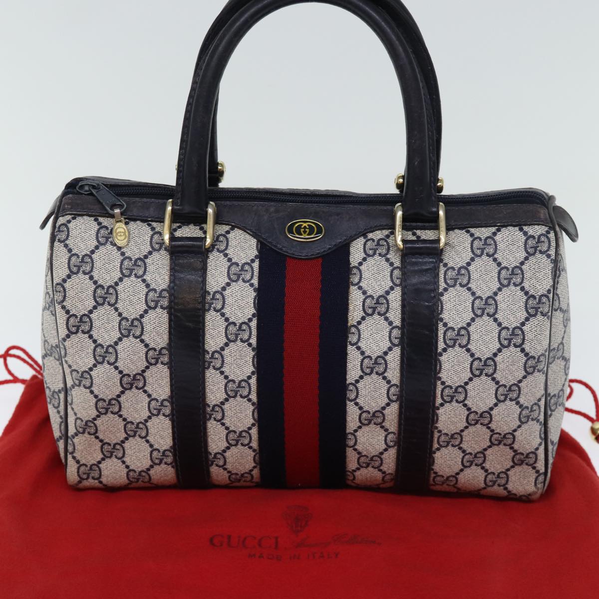 GUCCI GG Supreme Sherry Line Boston Bag PVC Navy Red 012 3841 58 Auth yk12483