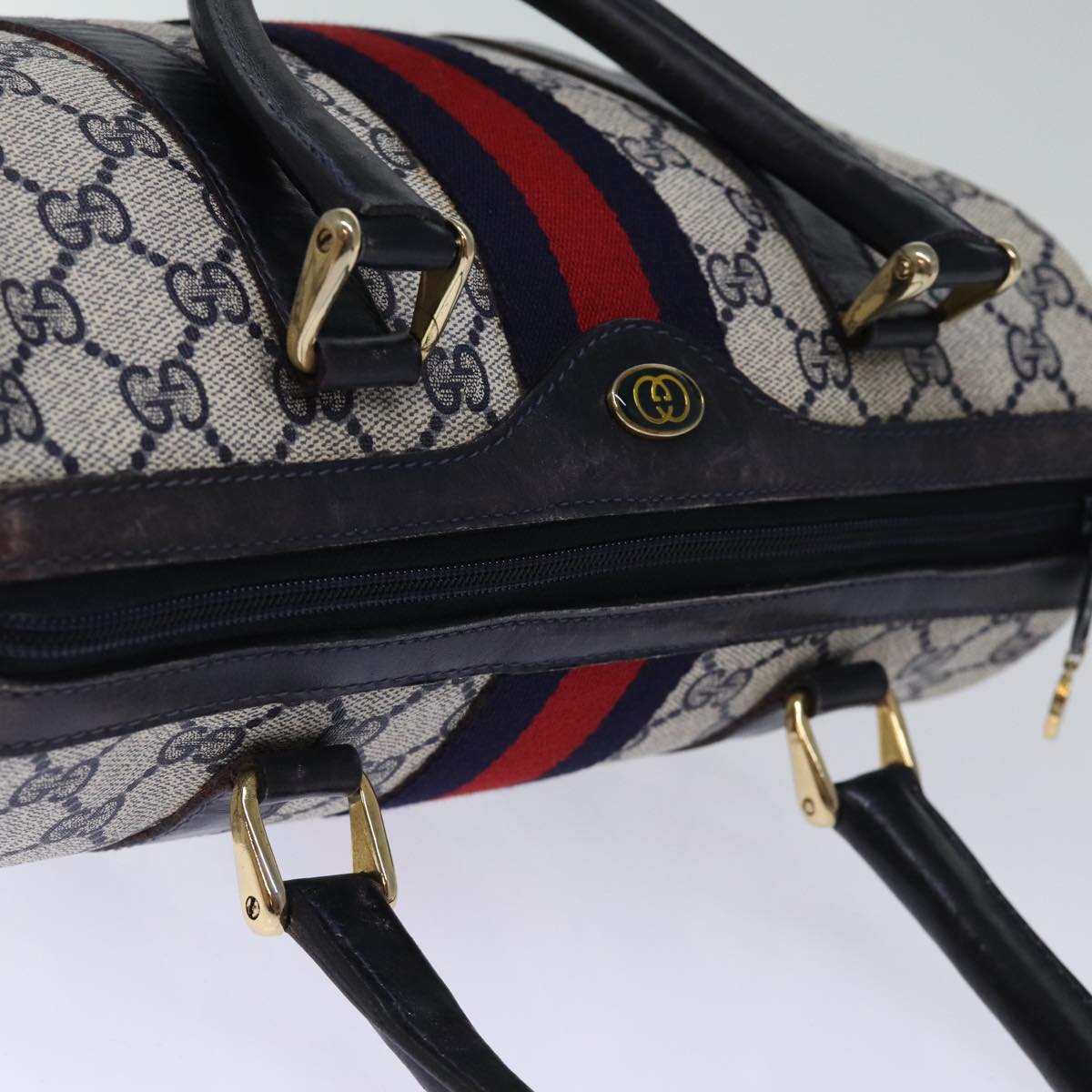 GUCCI GG Supreme Sherry Line Boston Bag PVC Navy Red 012 3841 58 Auth yk12483