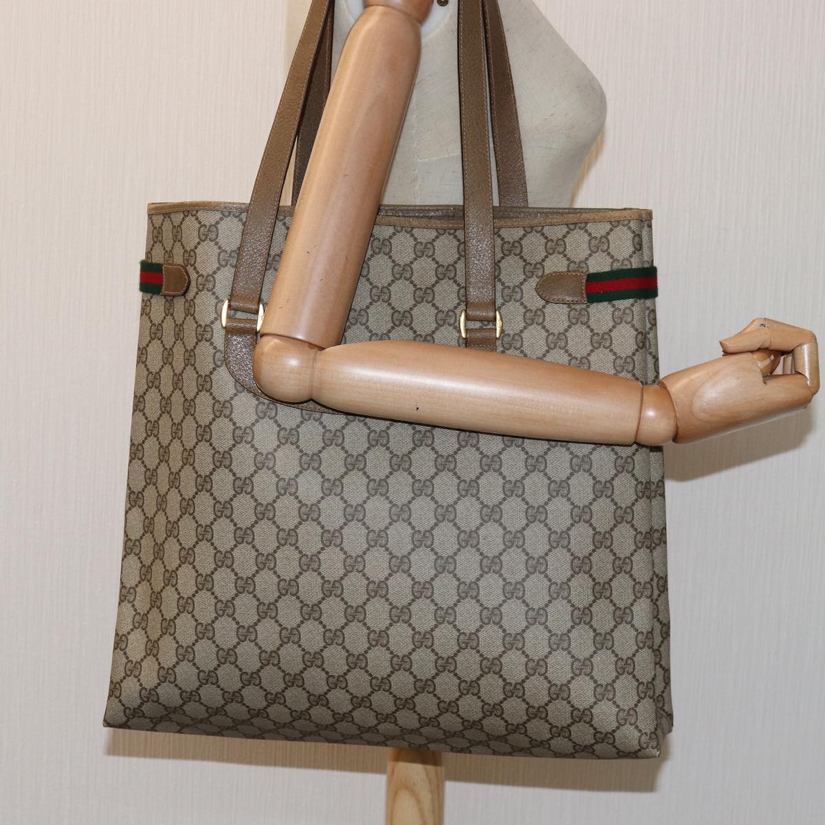 GUCCI GG Supreme Web Sherry Line Tote Bag PVC Beige Red 39 02 091 Auth yk12502