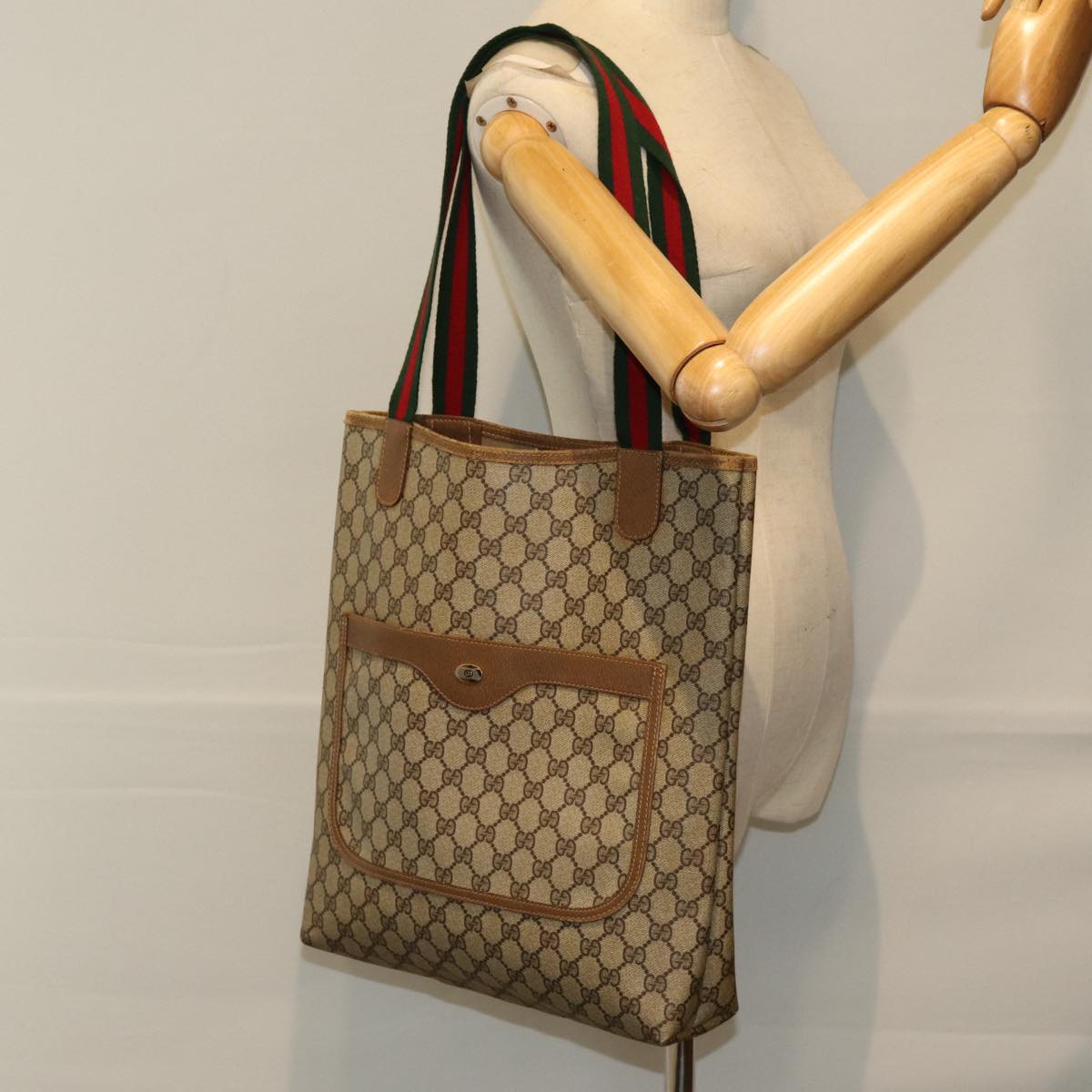 GUCCI GG Supreme Web Sherry Line Tote Bag PVC Beige Red 40 02 003 Auth yk12503