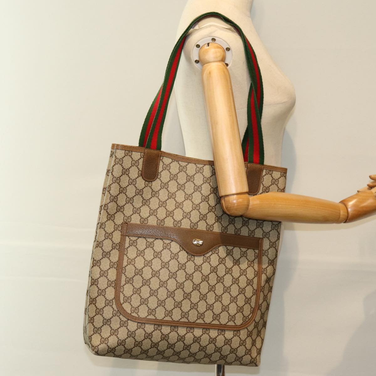 GUCCI GG Supreme Web Sherry Line Tote Bag PVC Beige Red 40 02 003 Auth yk12529