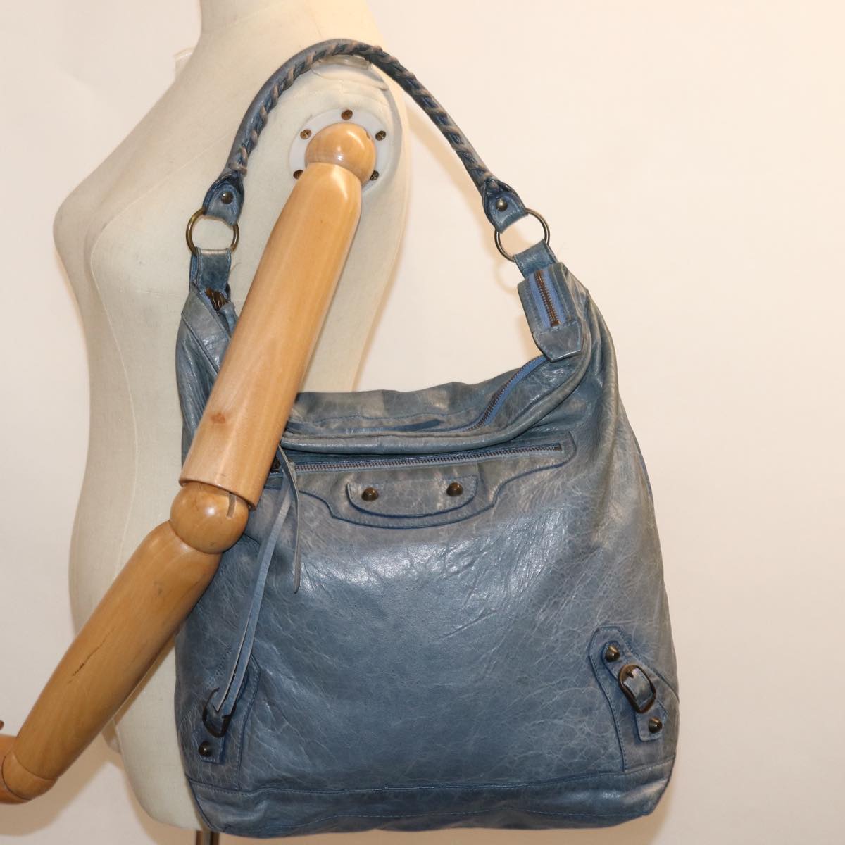 BALENCIAGA The Day Shoulder Bag Leather Blue Auth yk12573