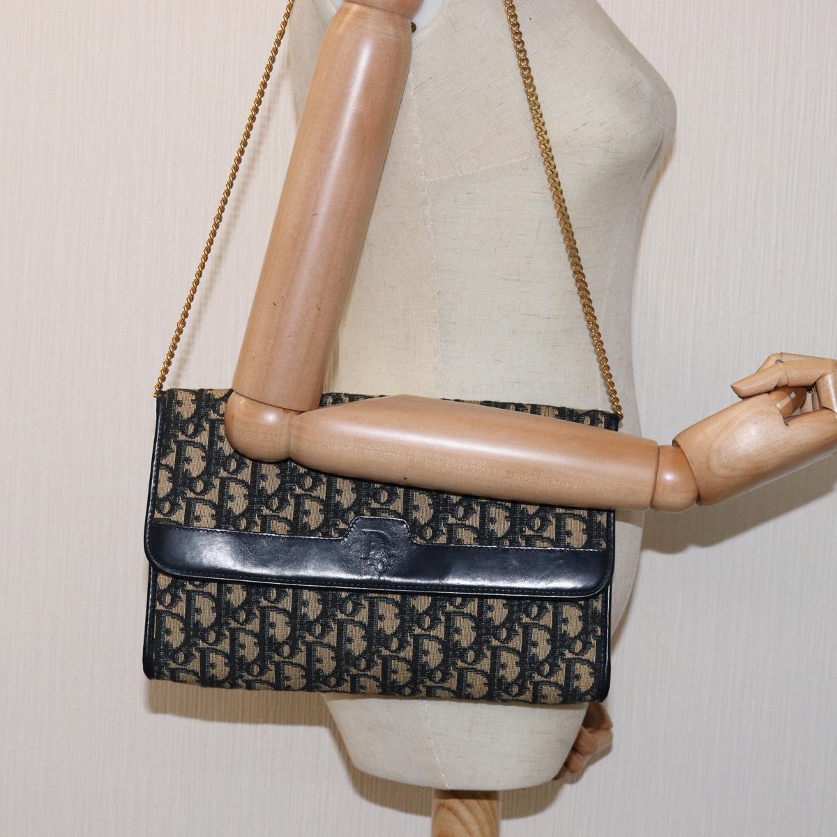 Christian Dior Trotter Canvas Chain Shoulder Bag Navy Auth yk12578