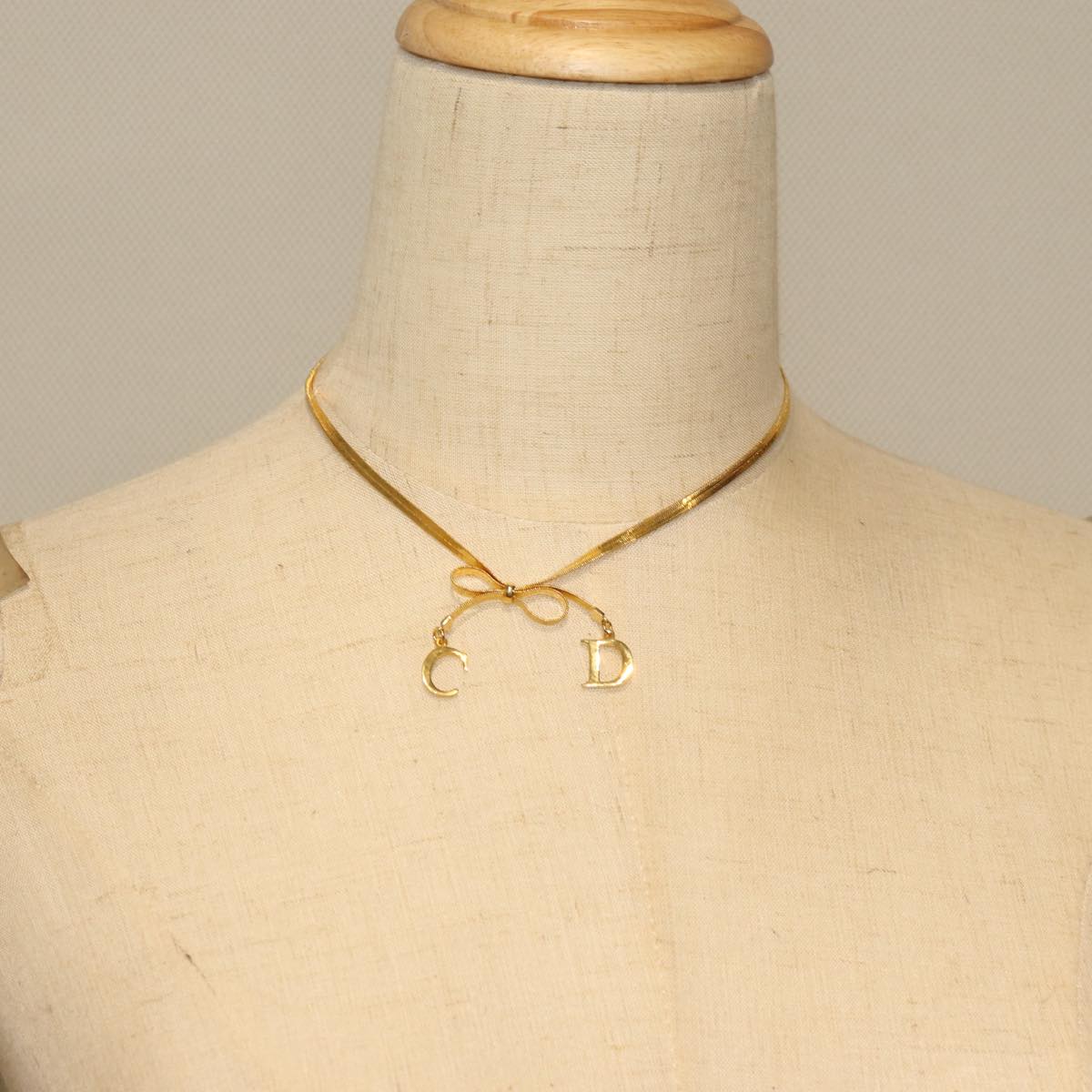 Christian Dior Ribbon Necklace Metal Gold Auth yk12596
