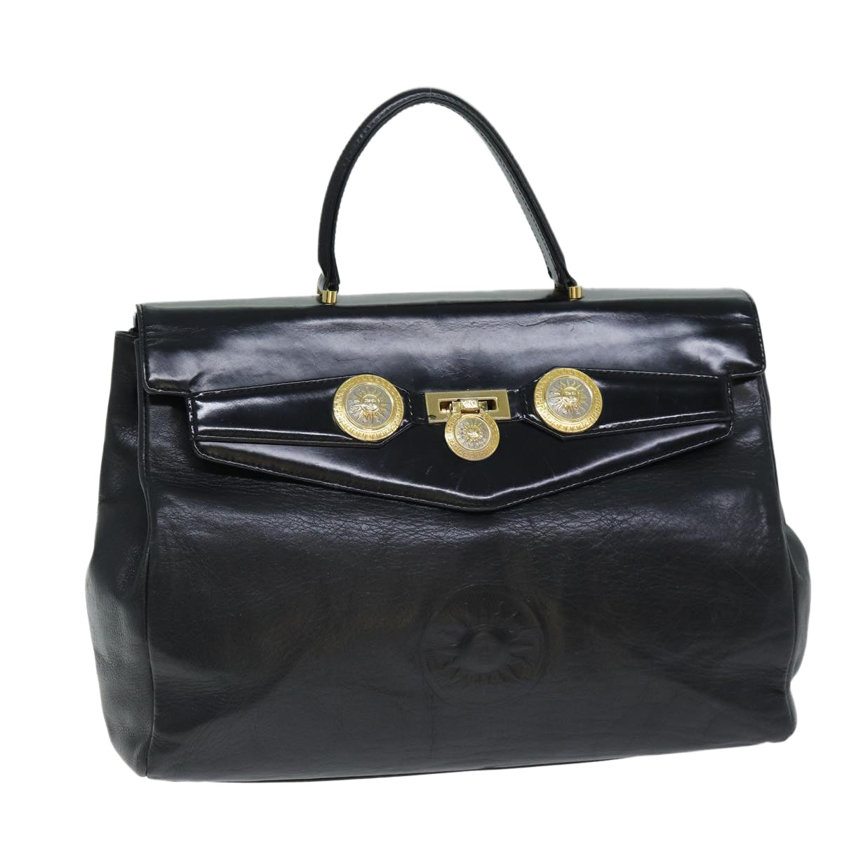 VERSACE Hand Bag Leather Black Auth yk12599