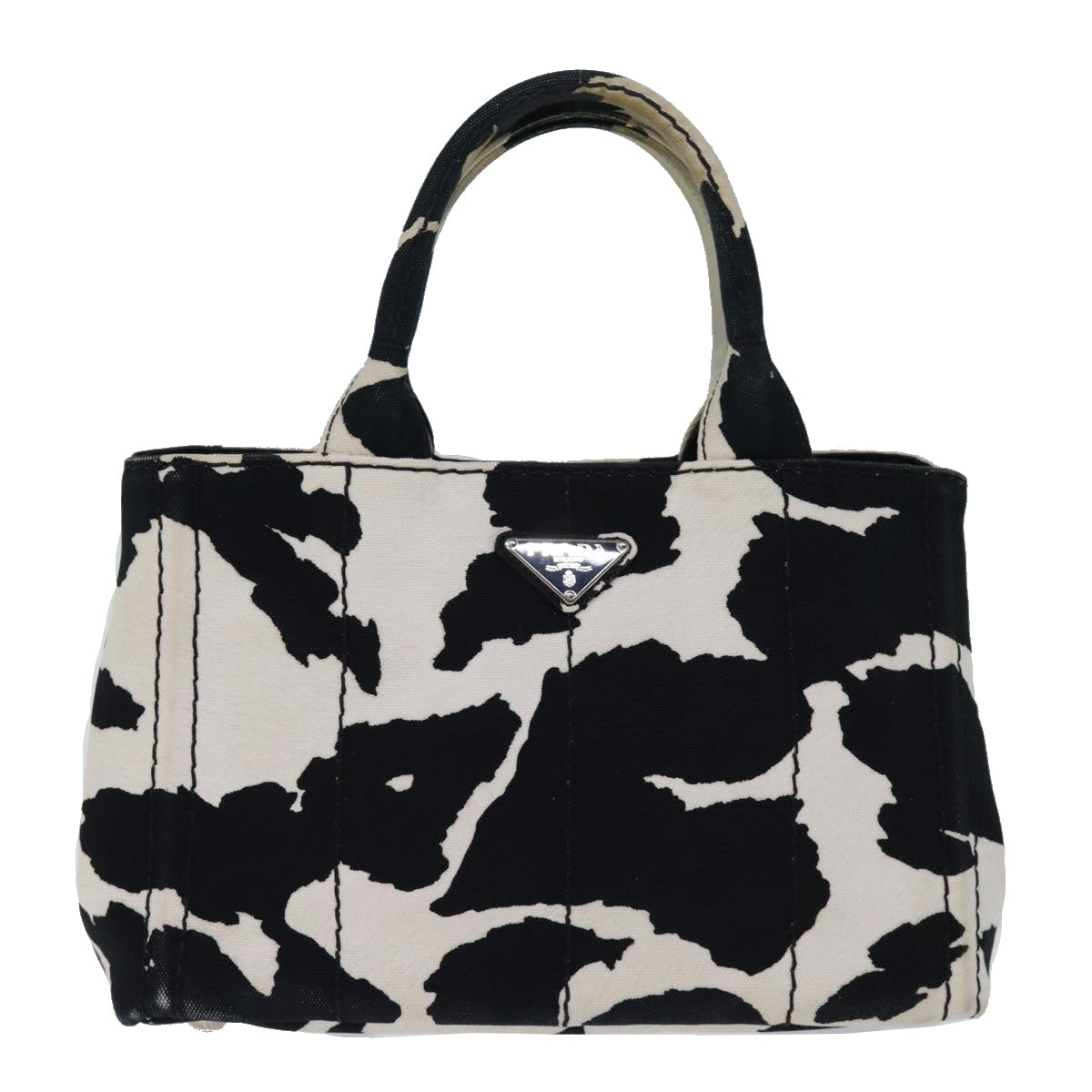 PRADA Cow Pattern Canapa PM Hand Bag Canvas 2way White Black Auth yk12633