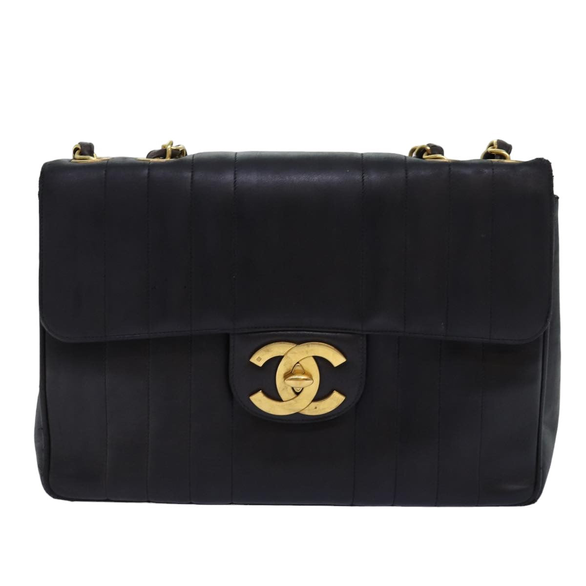 CHANEL Mademoiselle Big COCO Mark Chain Bag Lamb Skin Black CC Auth yk12655