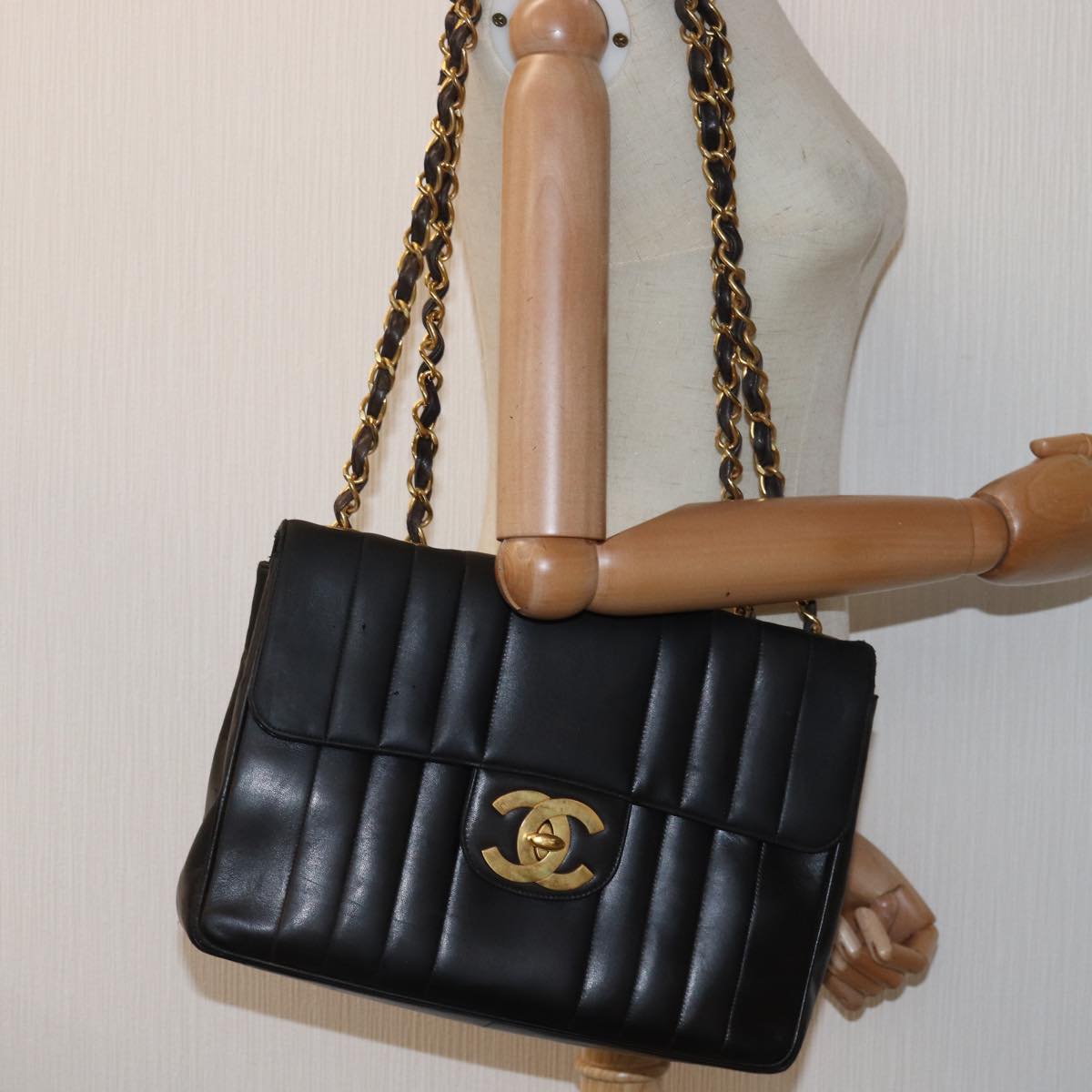 CHANEL Mademoiselle Big COCO Mark Chain Bag Lamb Skin Black CC Auth yk12655