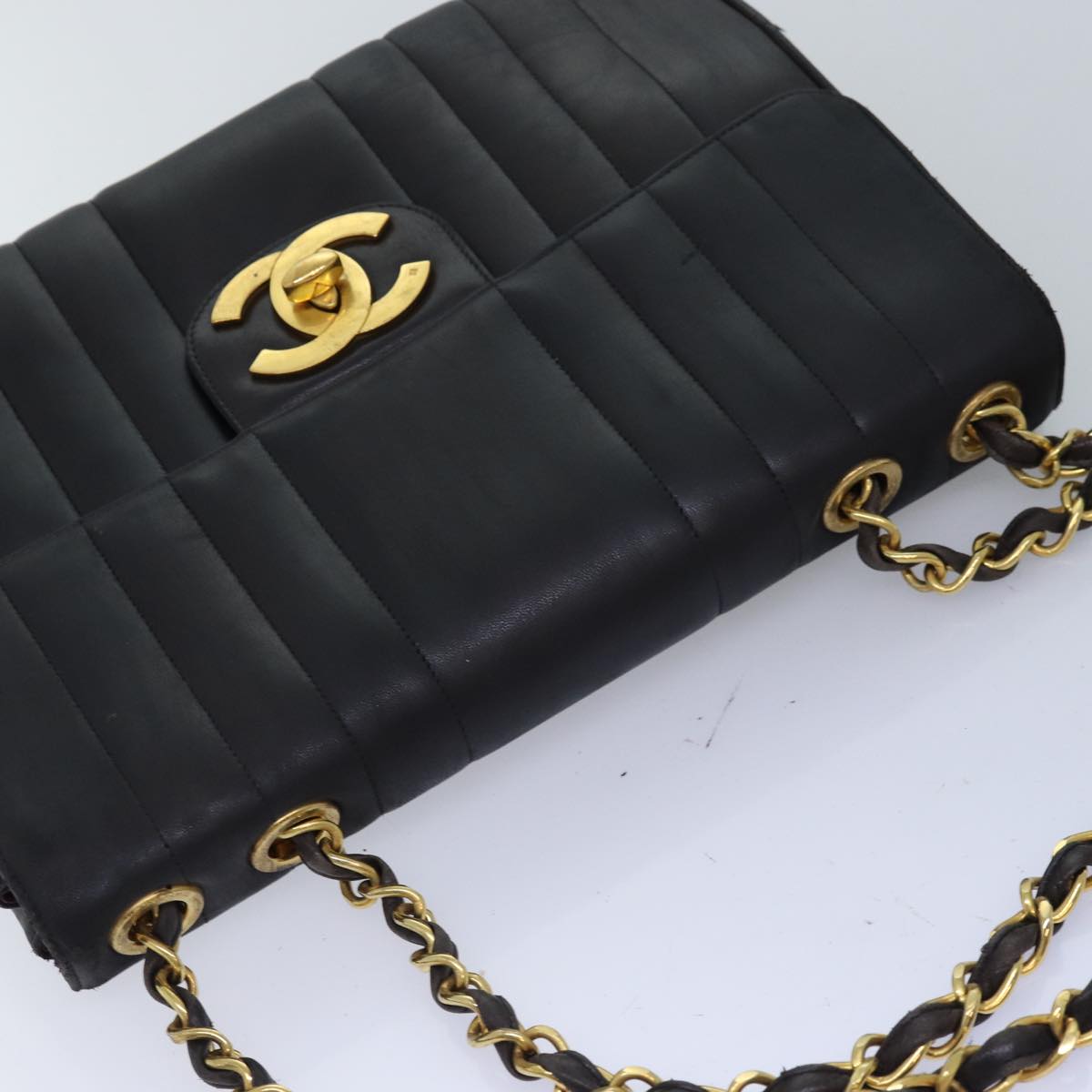 CHANEL Mademoiselle Big COCO Mark Chain Bag Lamb Skin Black CC Auth yk12655