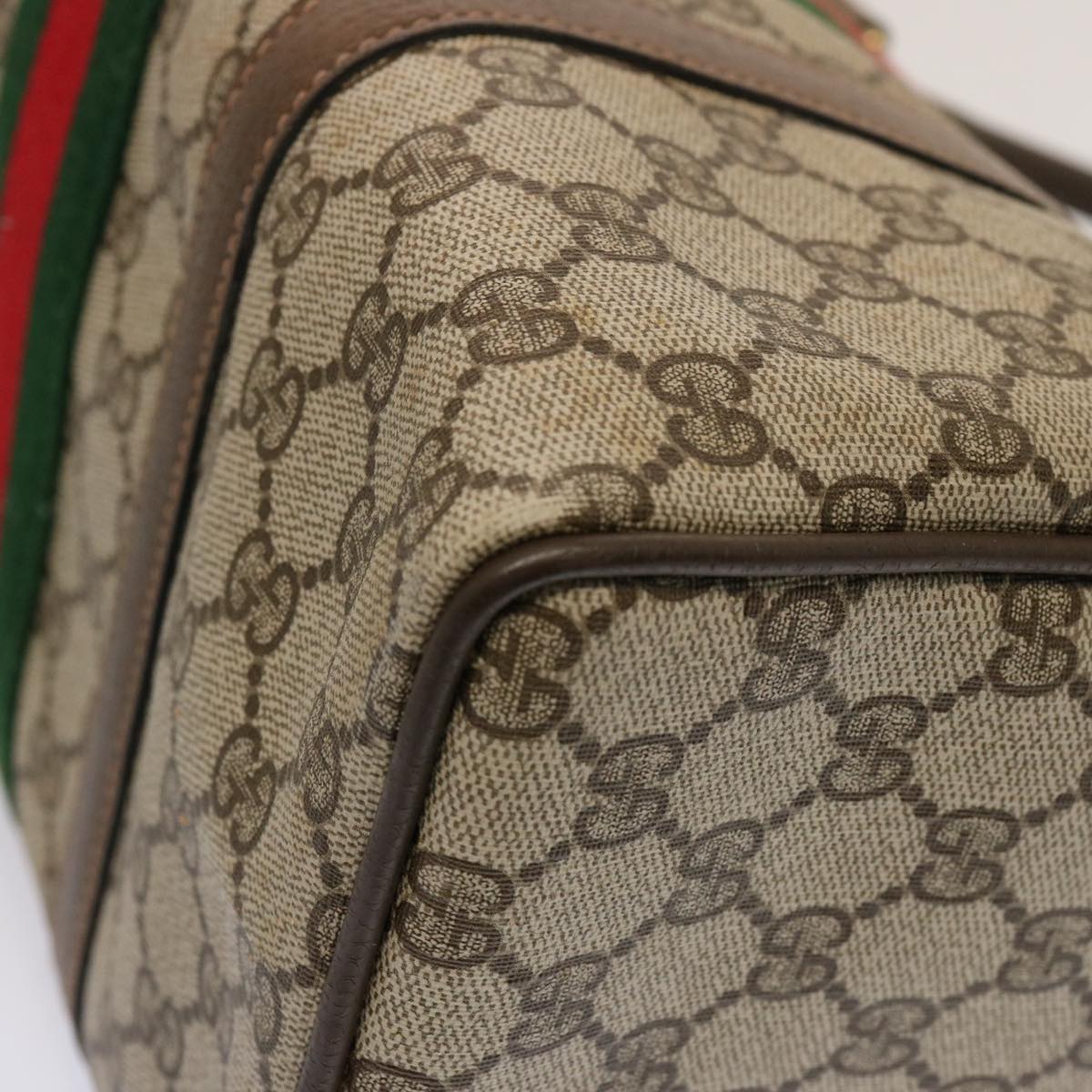 GUCCI GG Supreme Web Sherry Line Boston Bag PVC Beige Red Green Auth yk12659