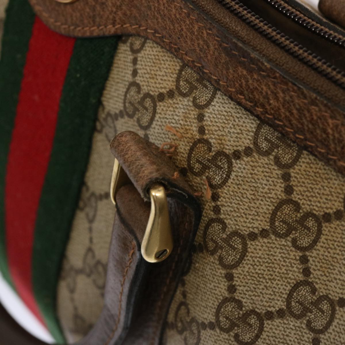 GUCCI GG Supreme Web Sherry Line Boston Bag PVC Beige Red Green Auth yk12659