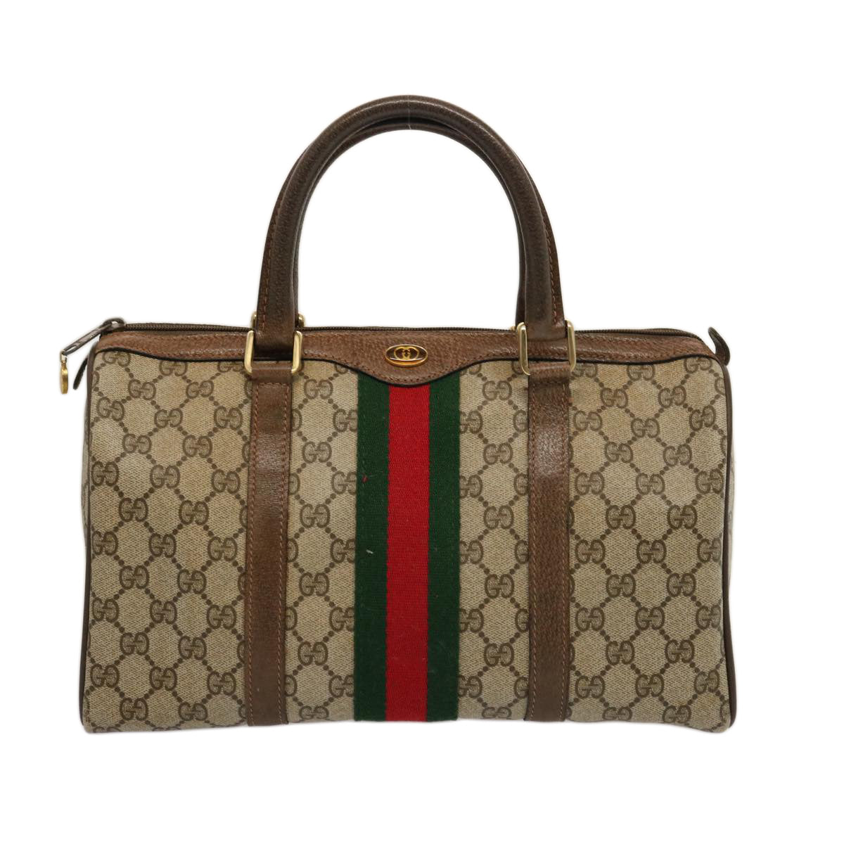 GUCCI GG Supreme Web Sherry Line Boston Bag PVC Beige Red Green Auth yk12659