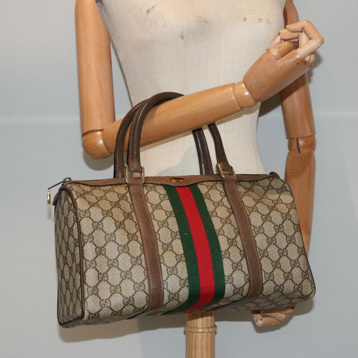 GUCCI GG Supreme Web Sherry Line Boston Bag PVC Beige Red Green Auth yk12659