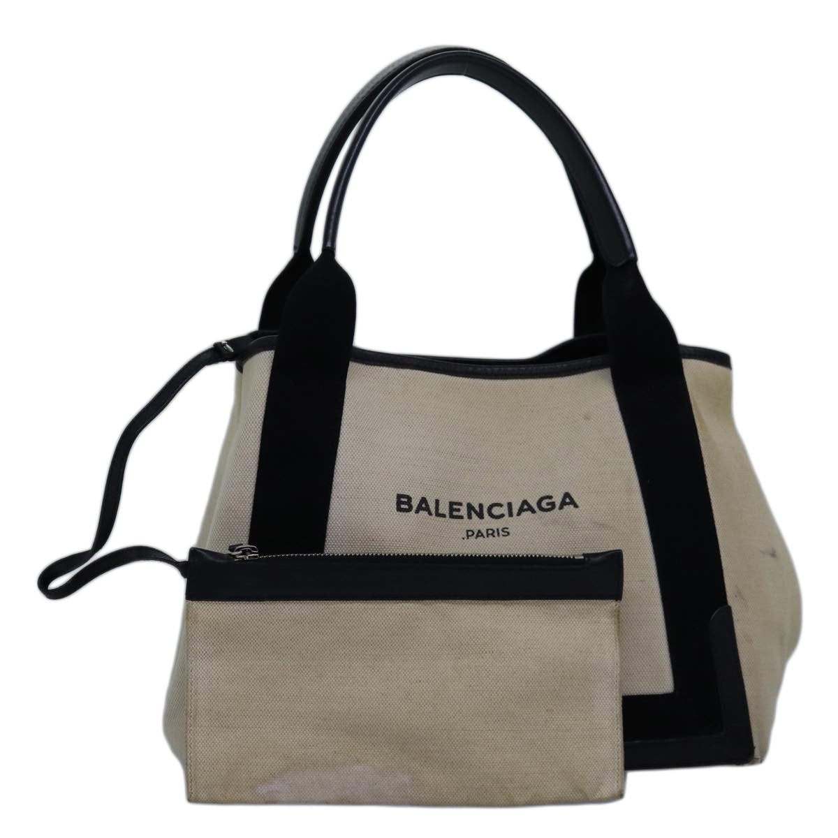 BALENCIAGA Navy Cabas S Hand Bag Canvas White Black 339933 Auth yk12669