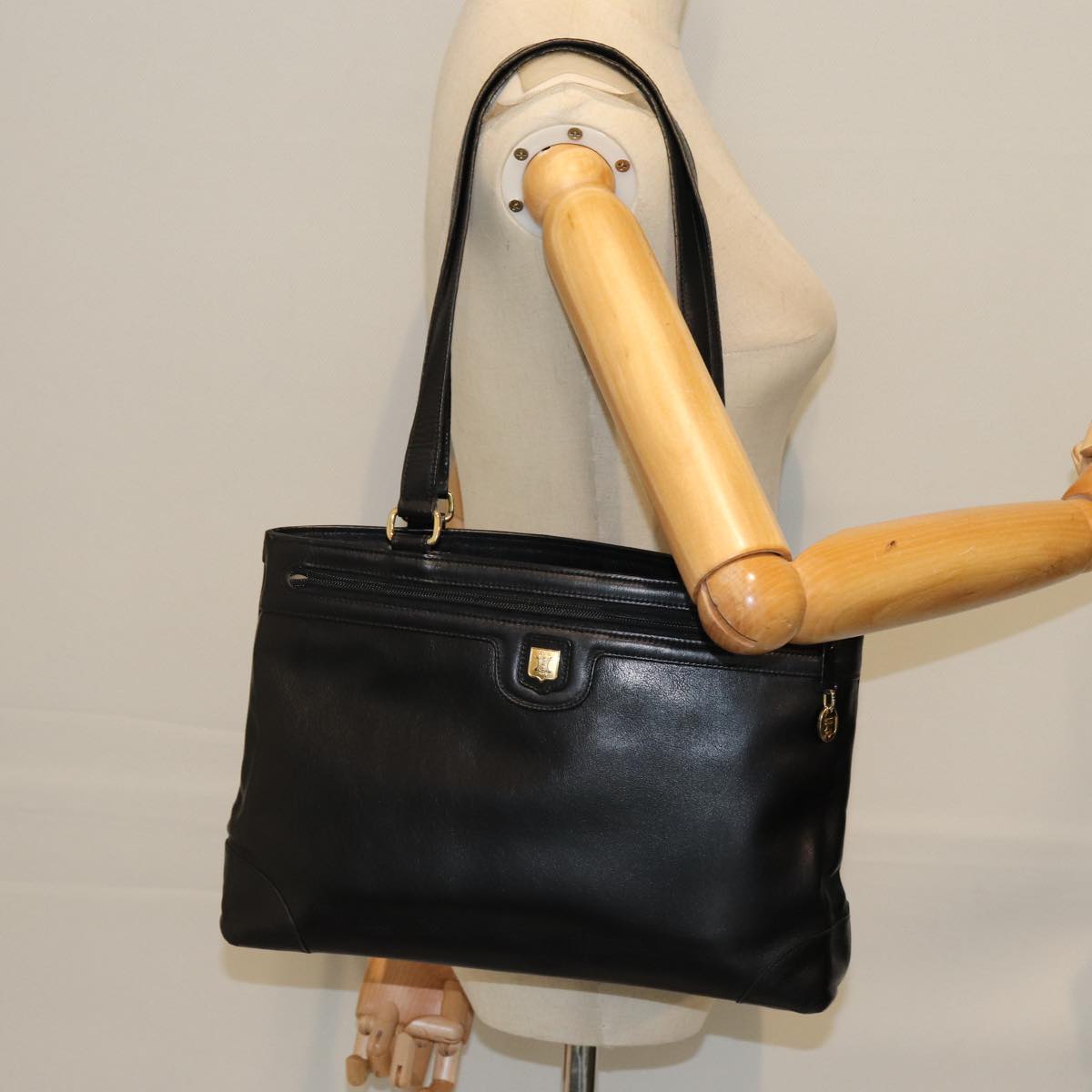 CELINE Tote Bag Leather Black Auth yk12677