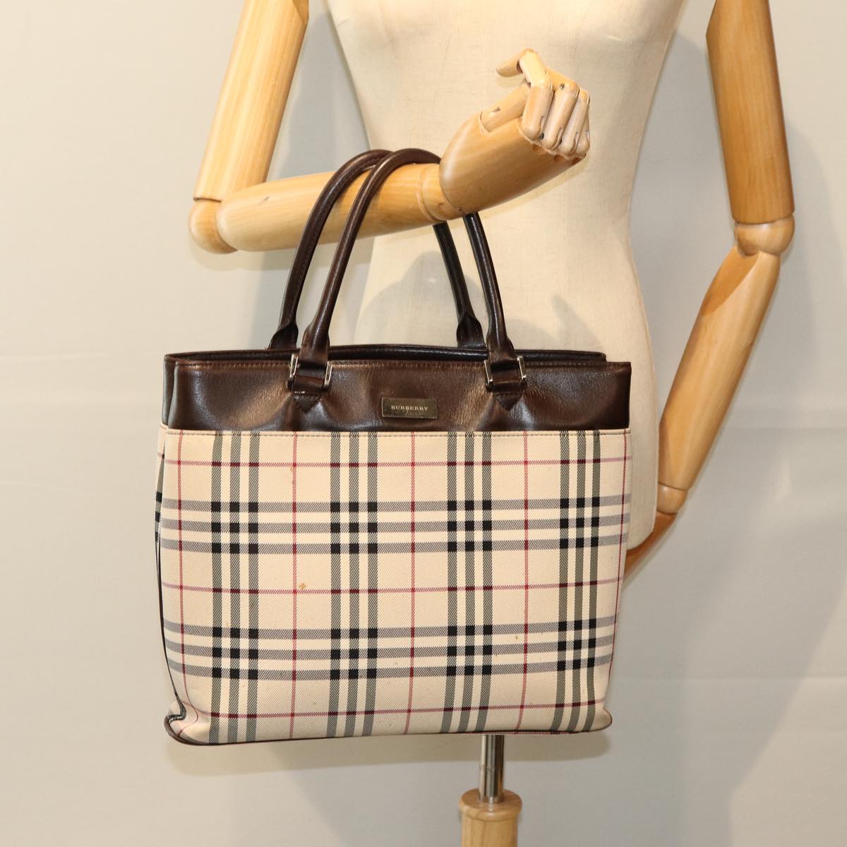 BURBERRY Nova Check Hand Bag Polyester Beige Auth yk12722