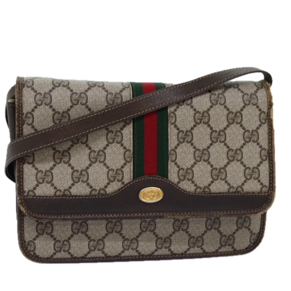 GUCCI GG Supreme Web Sherry Line Shoulder Bag PVC Beige Red Green Auth yk12734