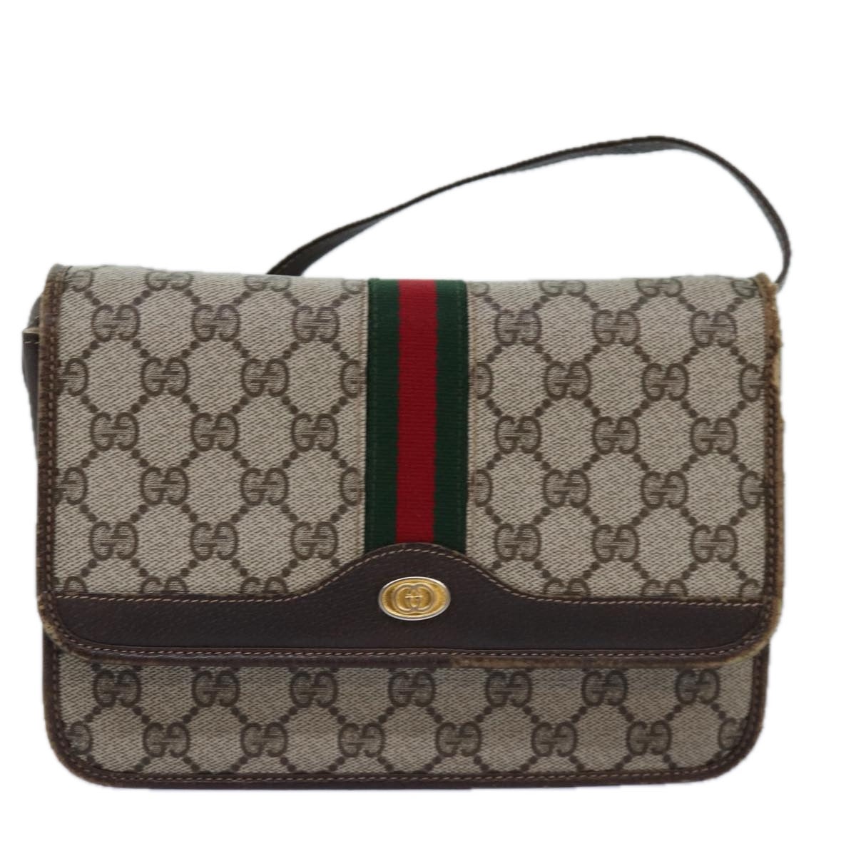 GUCCI GG Supreme Web Sherry Line Shoulder Bag PVC Beige Red Green Auth yk12734