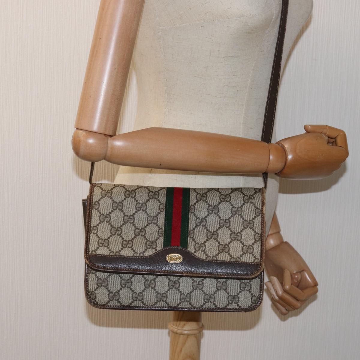 GUCCI GG Supreme Web Sherry Line Shoulder Bag PVC Beige Red Green Auth yk12734