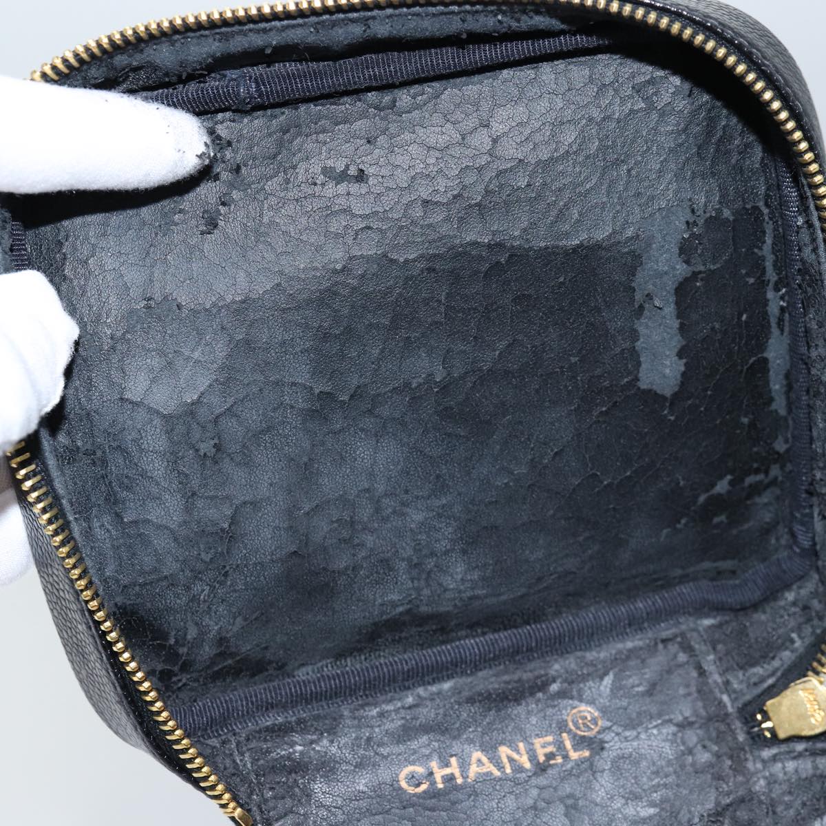 CHANEL Bicolole Vanity Cosmetic Pouch Caviar Skin Black CC Auth yk12738