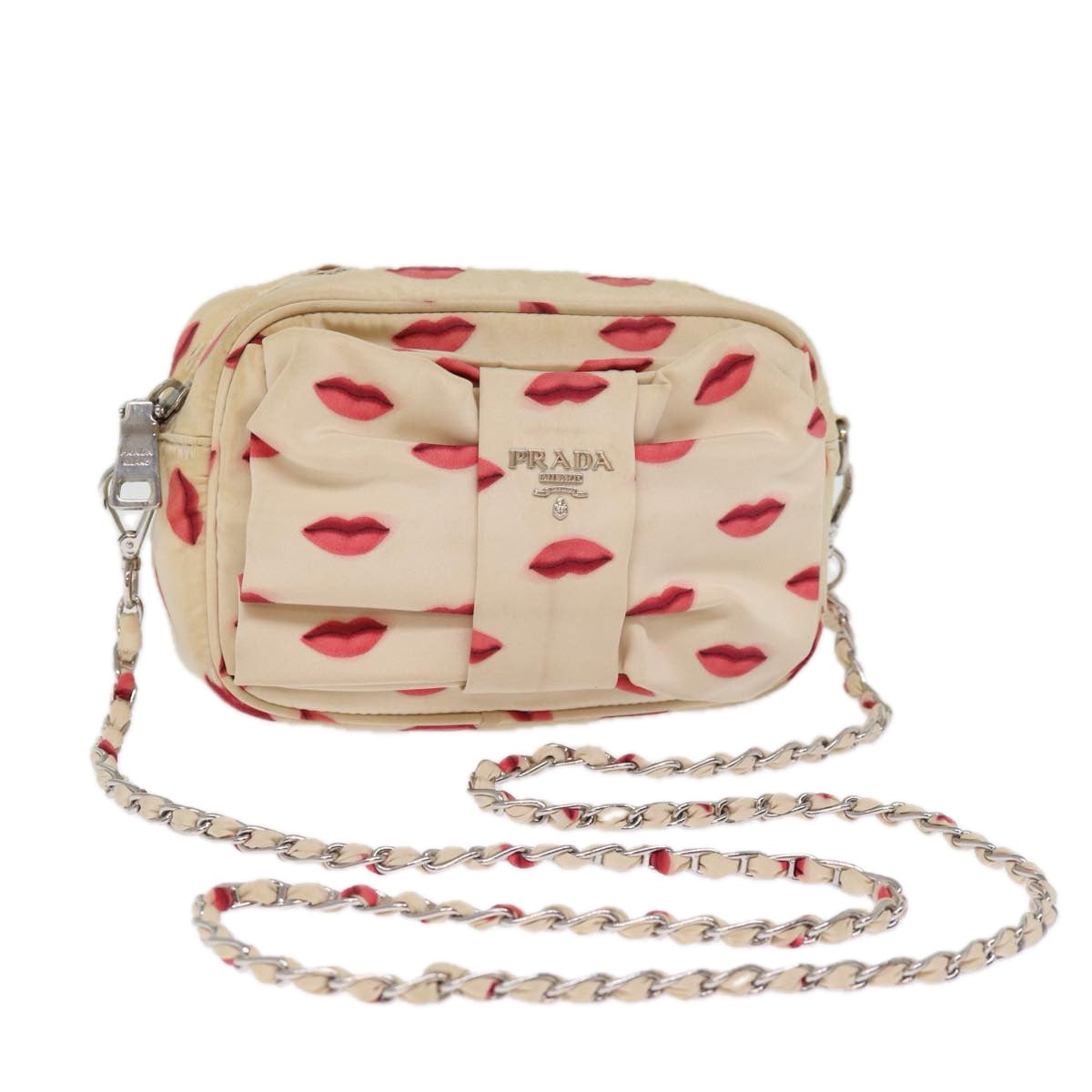 PRADA Chain Shoulder Bag Cotton Red White Auth yk12739