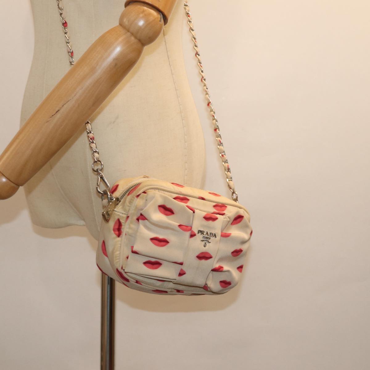 PRADA Chain Shoulder Bag Cotton Red White Auth yk12739