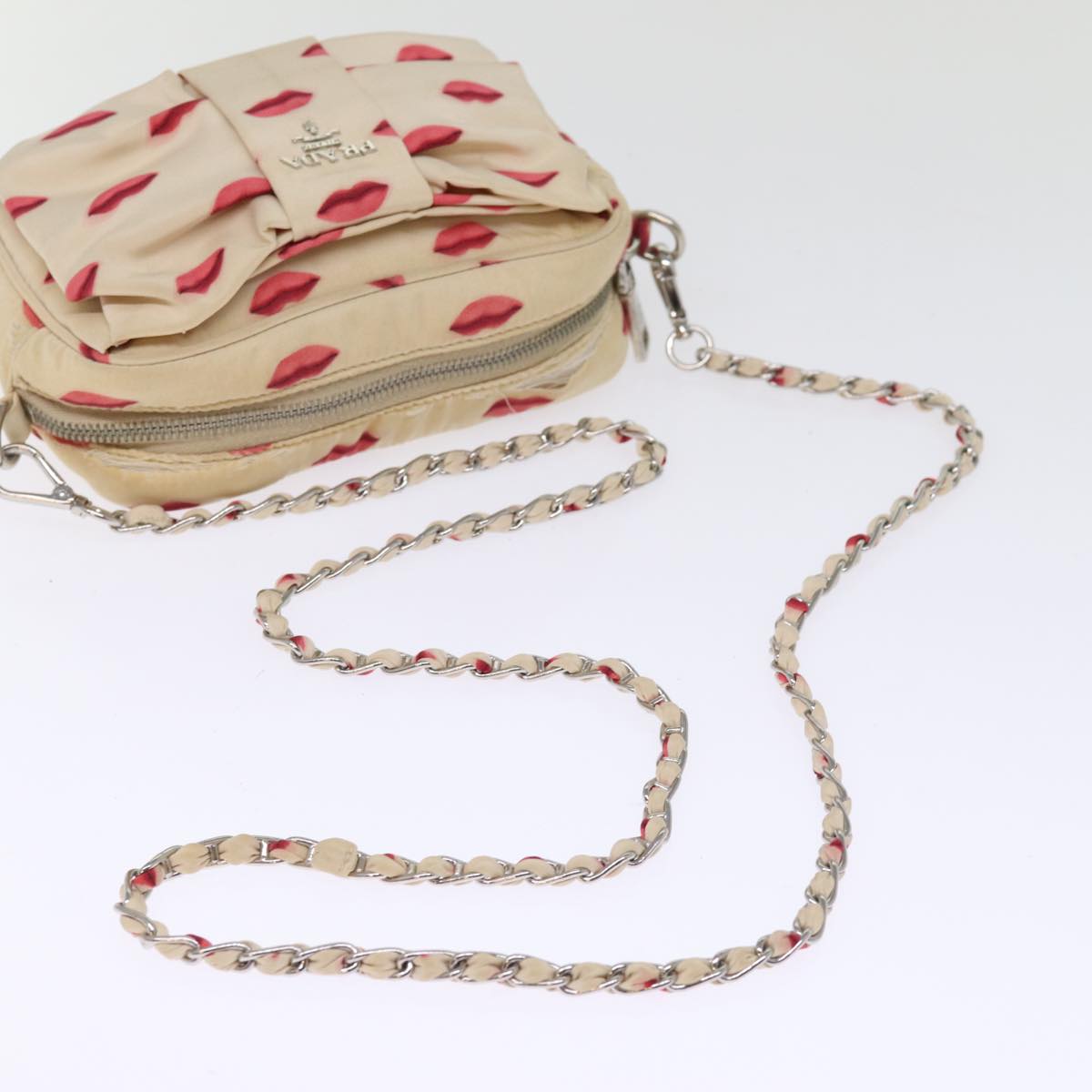 PRADA Chain Shoulder Bag Cotton Red White Auth yk12739