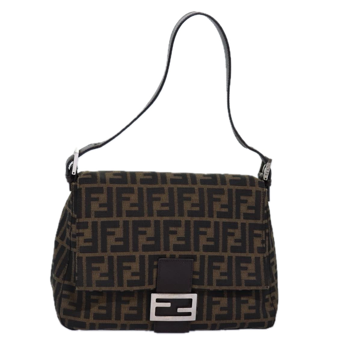 FENDI Zucca Canvas Mamma Baguette Shoulder Bag Black Brown Auth yk12785