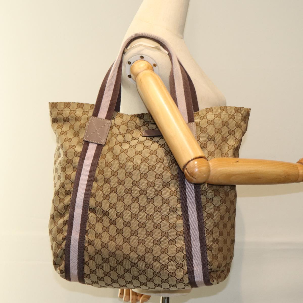 GUCCI GG Canvas Sherry Line Tote Bag Pink Beige 189669 Auth yk12855