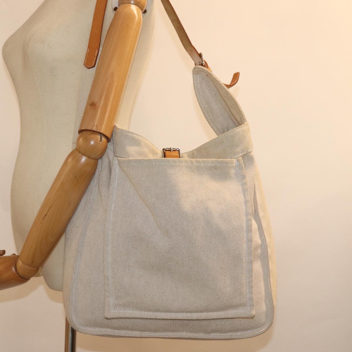 HERMES Marwali GM Shoulder Bag Canvas Beige Auth yk12880