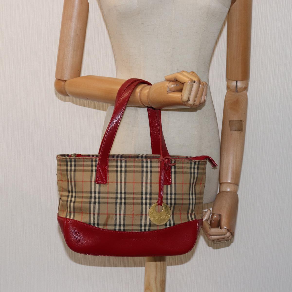 BURBERRY Nova Check Hand Bag Canvas Beige Red Auth yk12895