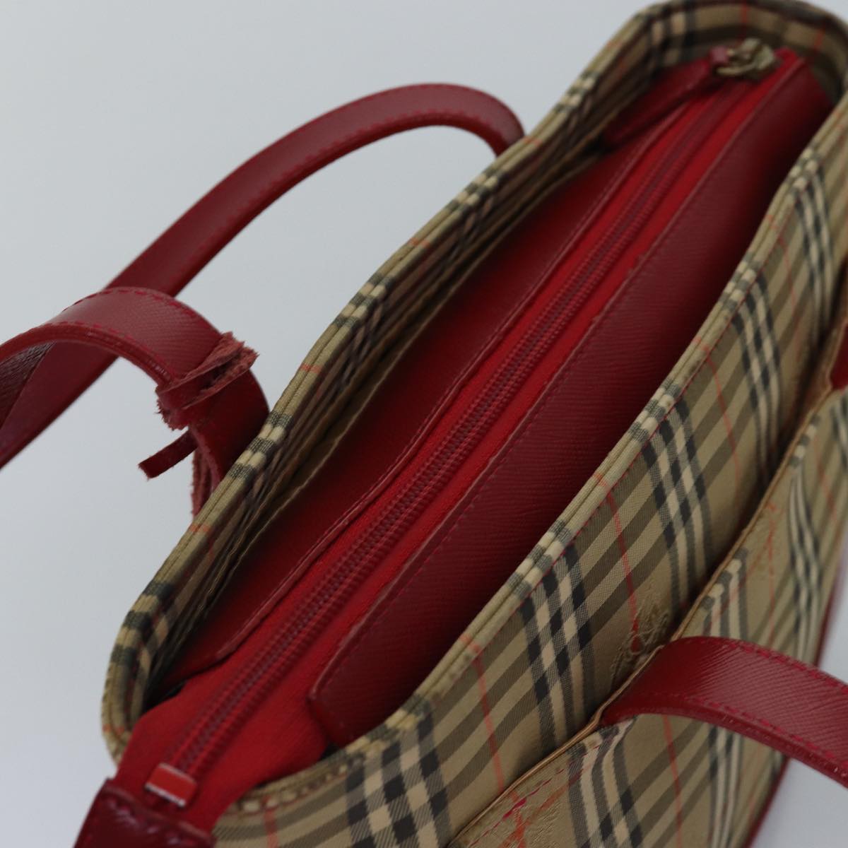 BURBERRY Nova Check Hand Bag Canvas Beige Red Auth yk12895