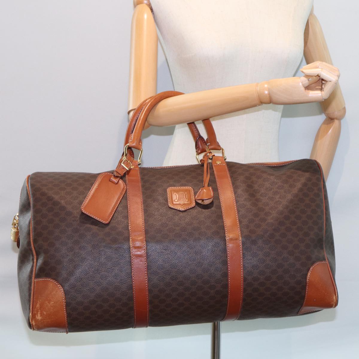 CELINE Macadam Canvas Boston Bag PVC Leather Brown Auth yk12899