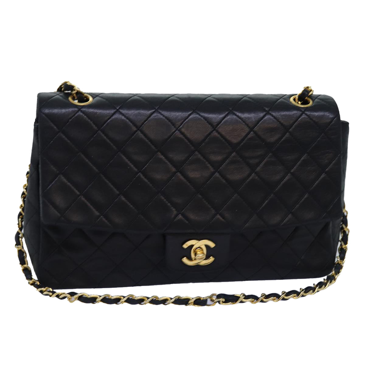 CHANEL Matelasse Turn Lock Chain Shoulder Bag Lamb Skin Black CC Auth yk12900A