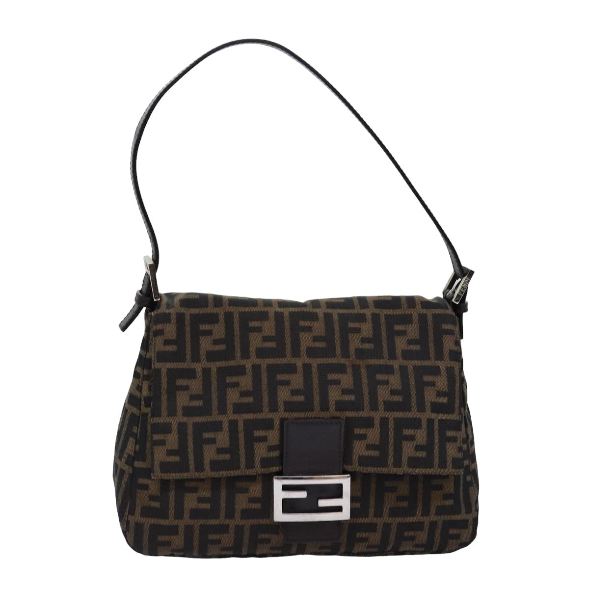 FENDI Zucca Canvas Mamma Baguette Shoulder Bag Black Brown Auth yk12916