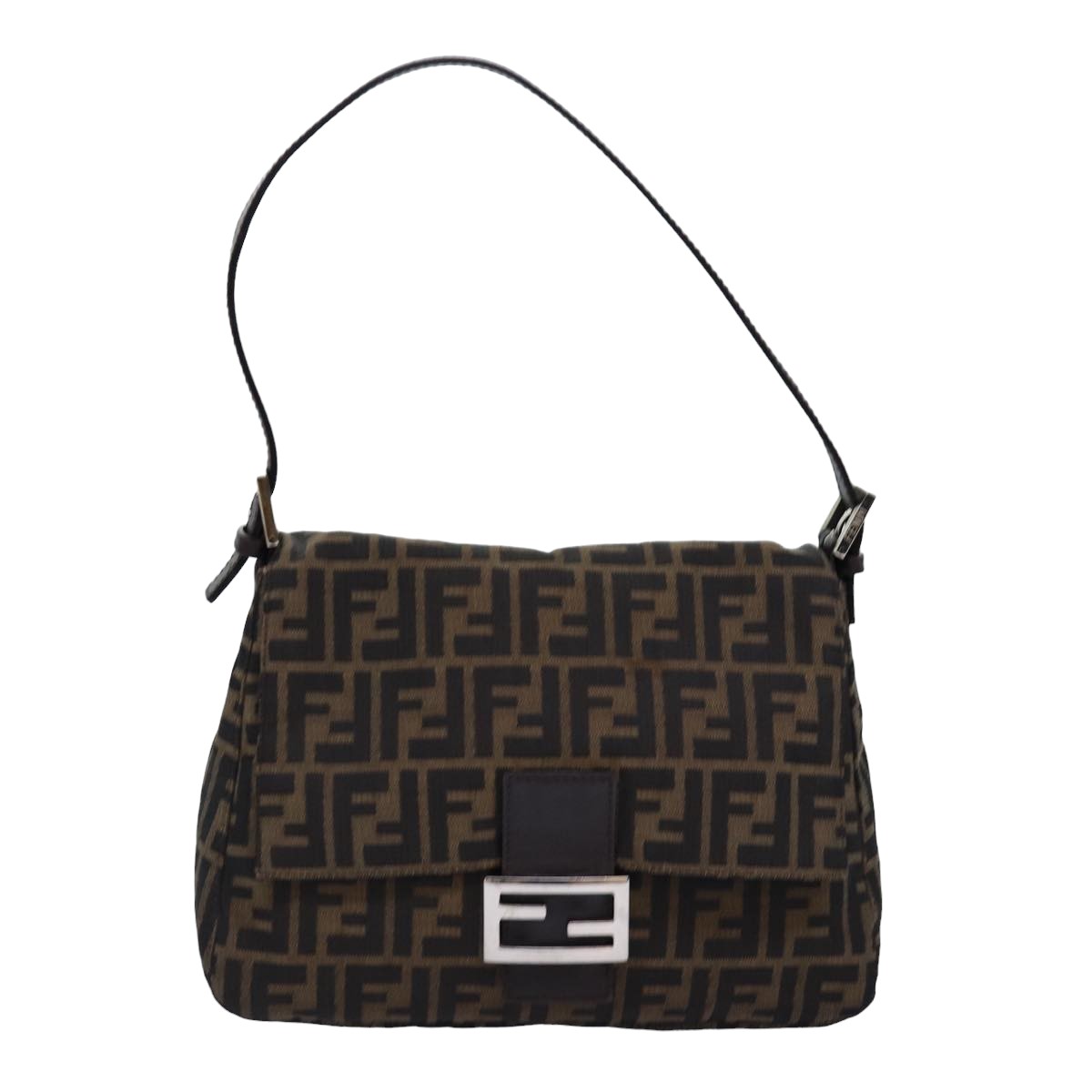 FENDI Zucca Canvas Mamma Baguette Shoulder Bag Black Brown Auth yk12916