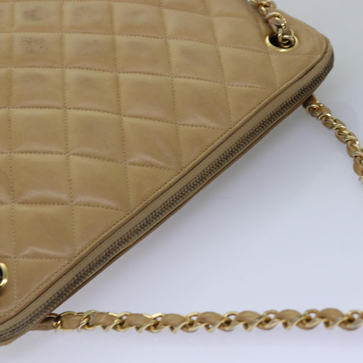 CHANEL Matelasse Chain Shoulder Bag Lamb Skin Beige CC Auth yk12918