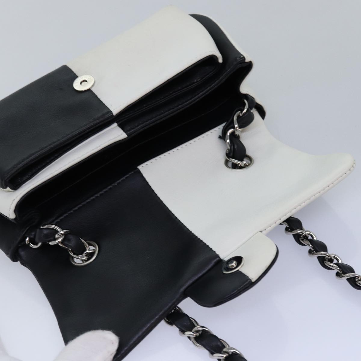 CHANEL COCO Mark Chain Shoulder Bag Lamb Skin Black White CC Auth yk12940A