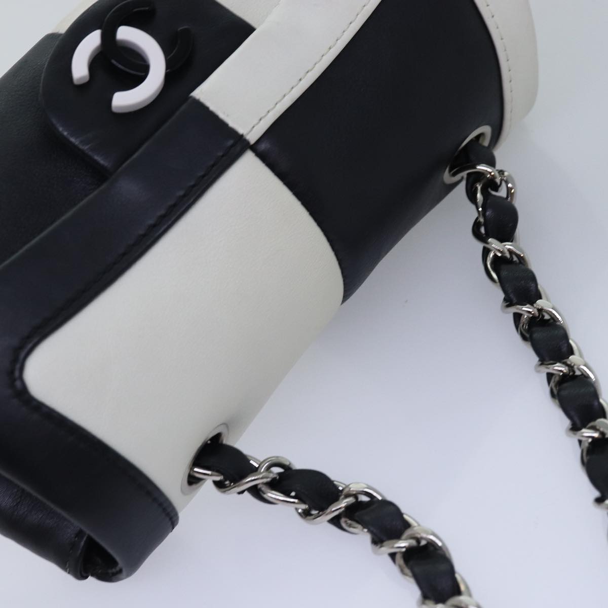 CHANEL COCO Mark Chain Shoulder Bag Lamb Skin Black White CC Auth yk12940A