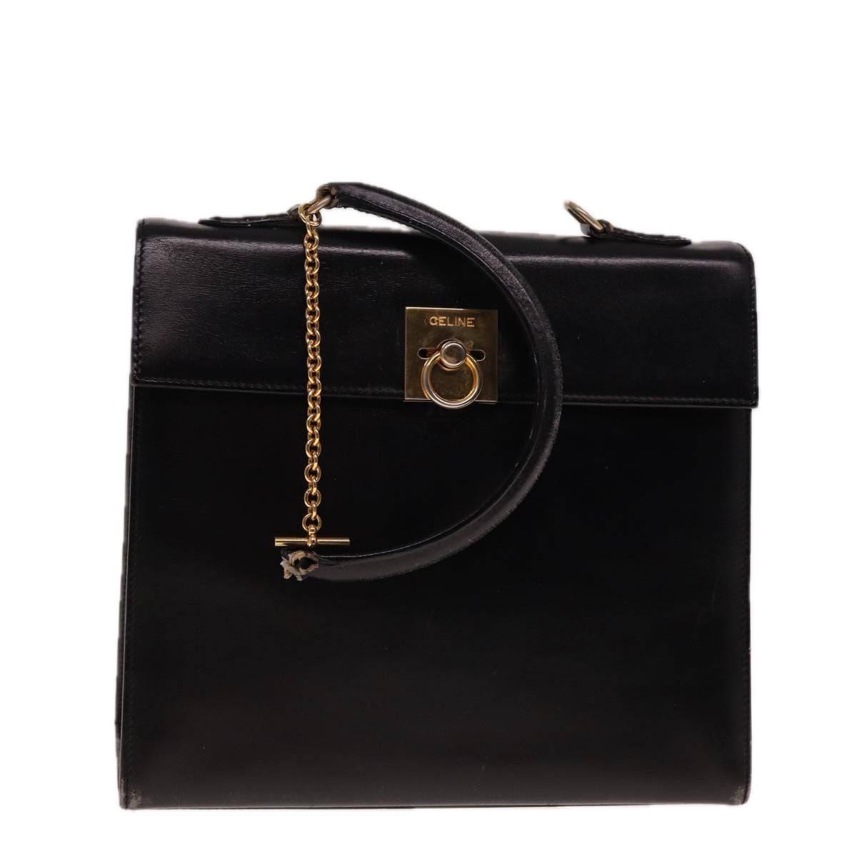 CELINE Hand Bag Leather Black Auth yk12969