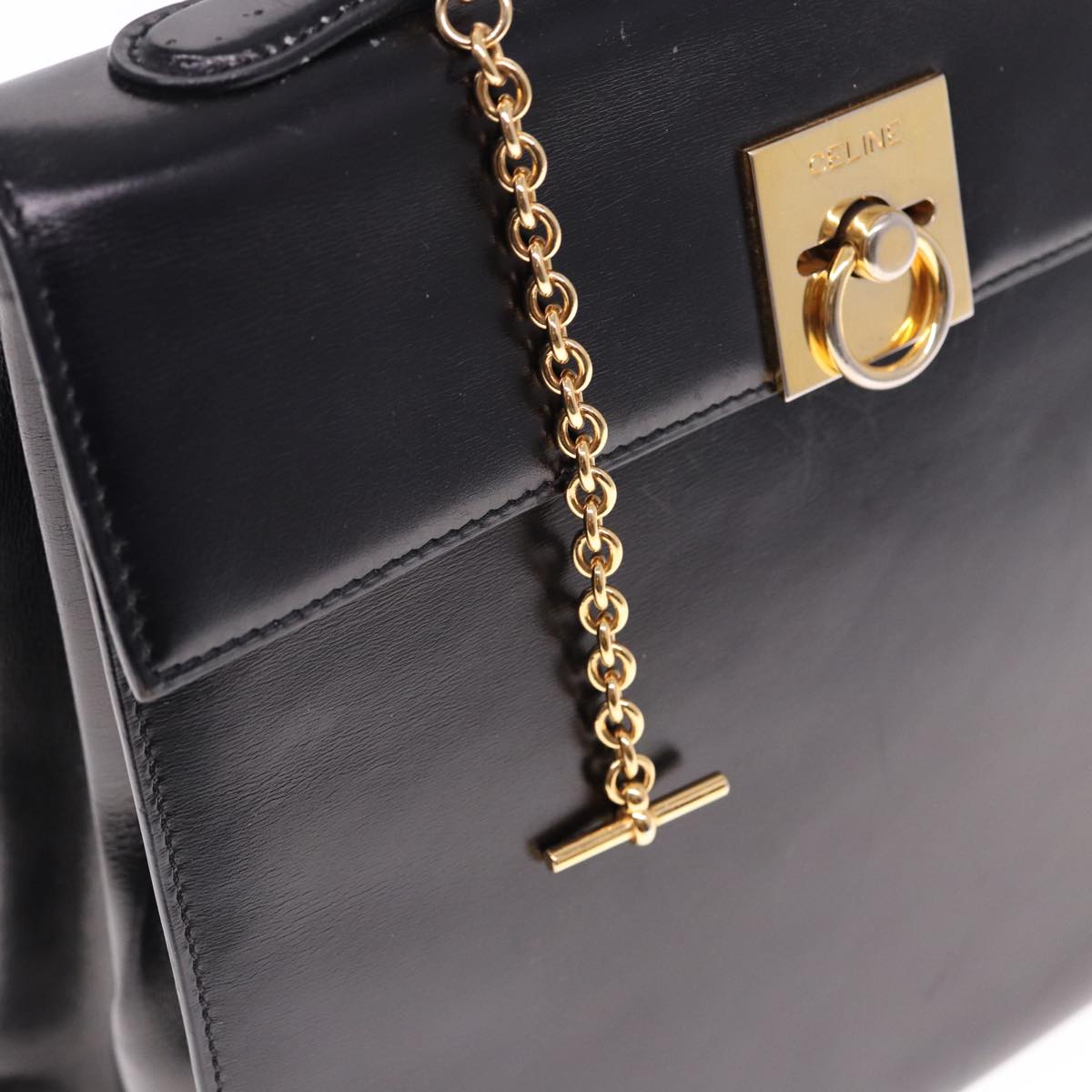 CELINE Hand Bag Leather Black Auth yk12969