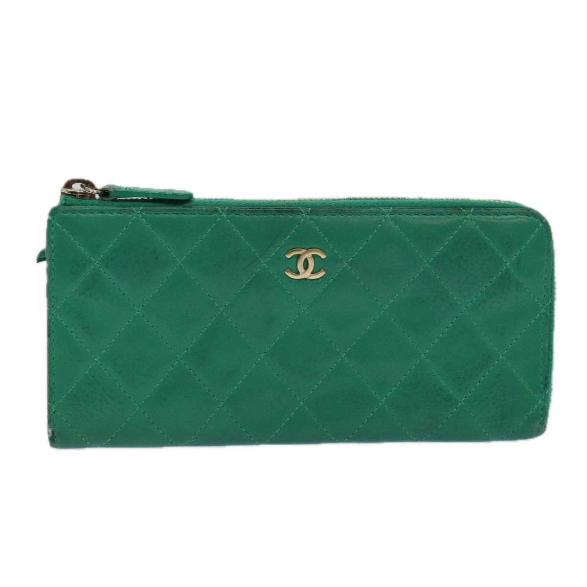 CHANEL Matelasse Long Wallet Lamb Skin Green CC Auth yk12983